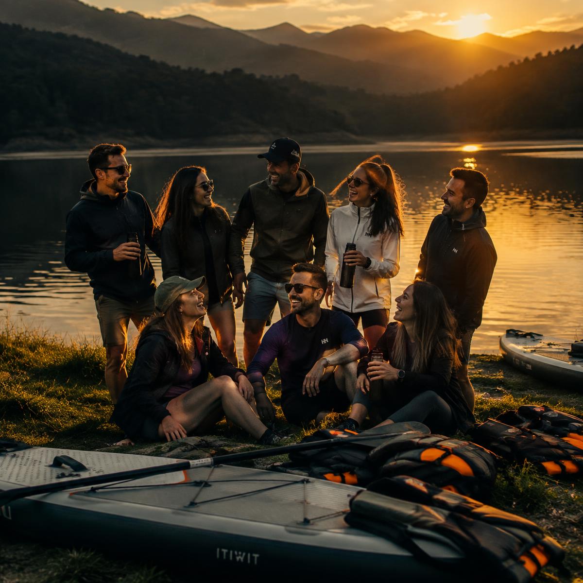 Equipo corporativo reunido a orillas del Embalse La Fe al final de la experiencia de paddle surf