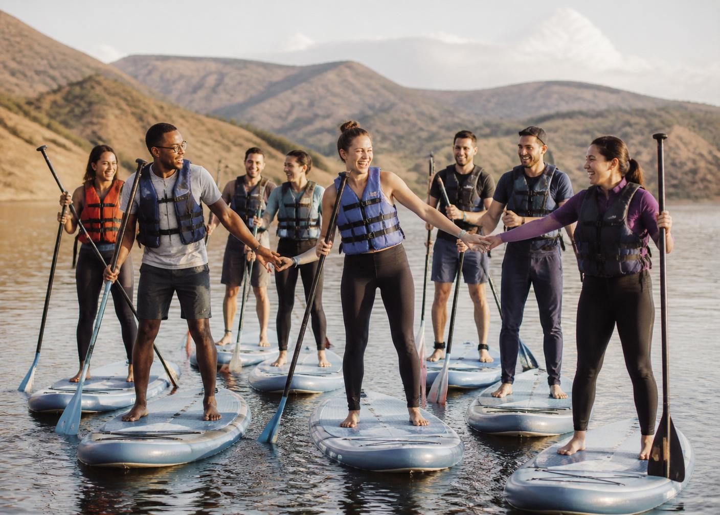 Equipo corporativo en paddle surf apoyándose mutuamente